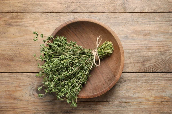 Bunch Aromatic Thyme Wooden Table Top View — Stock Photo, Image