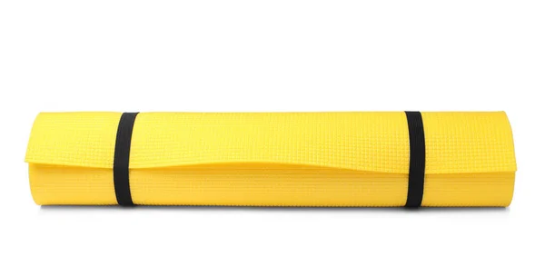 Gelbe Rollmatte Isoliert Auf Weiß Ausrüstung Für Camping Tourismus — Stockfoto