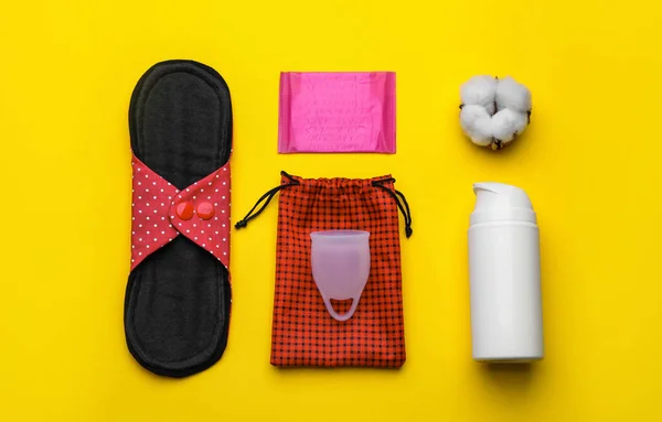Cloth Menstrual Pad Other Female Hygiene Products Yellow Background Flat — Stock Photo, Image
