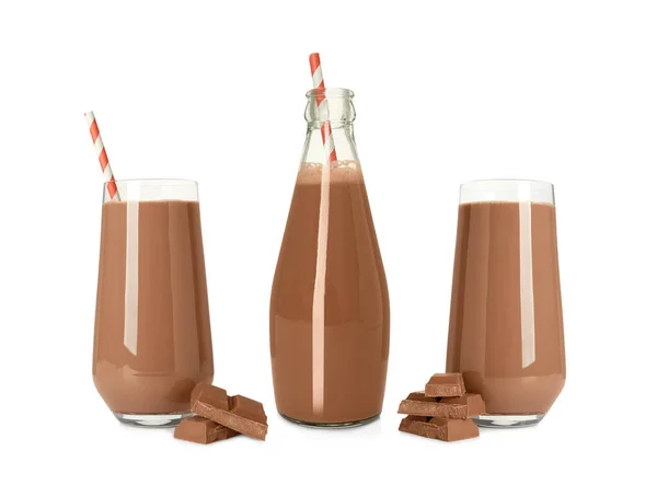 Conjunto Com Delicioso Leite Chocolate Fundo Branco — Fotografia de Stock