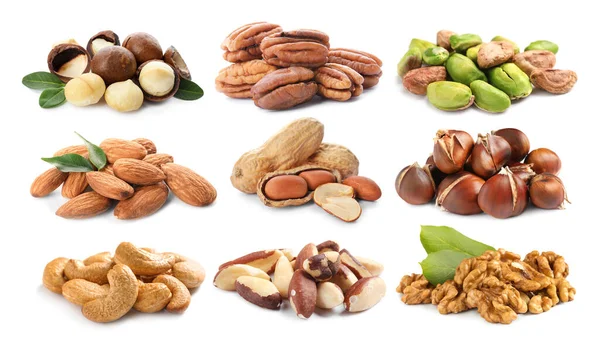 Set Different Tasty Nuts White Background — Stock Photo, Image