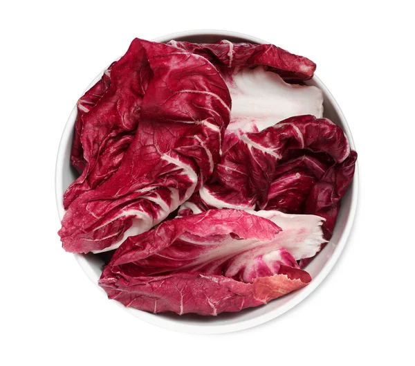 Folhas Radicchio Maduro Tigela Sobre Fundo Branco Vista Superior — Fotografia de Stock