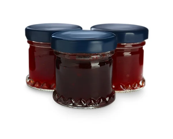 Gläser Mit Verschiedenen Marmeladen Auf Weißem Hintergrund — Stockfoto
