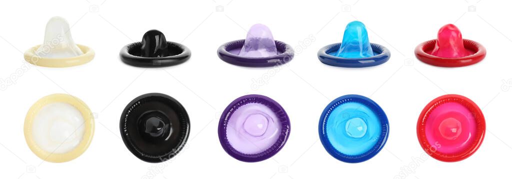 Set with different unpacked condoms on white background. Banner design 