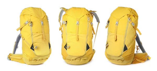 Mochilas Amarelas Fundo Branco Design Banner Acampamento Turismo — Fotografia de Stock