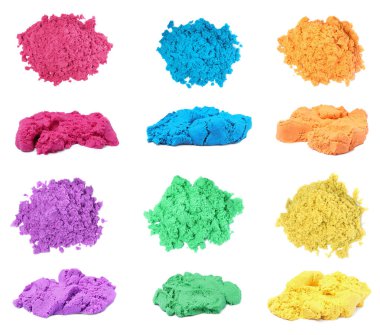 Beyaz arkaplanda renkli kinetik kum yığınları ile ayarla 