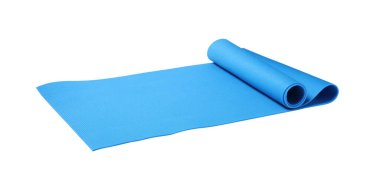 Açık mavi kamp paspası beyaza izole edilmiş.