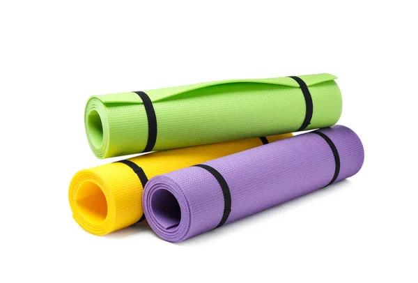 Colorful Rolled Camping Exercise Mats White Background — Stock Photo, Image