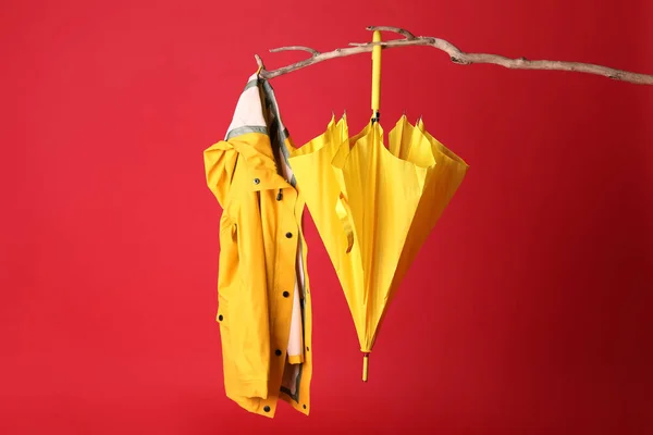 Parapluie Jaune Fermé Imperméable Élégant Suspendu Sur Branche Sur Fond — Photo