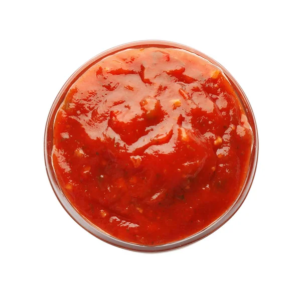 Delicious Adjika Sauce Bowl Isolated White Top View — Stock Photo, Image