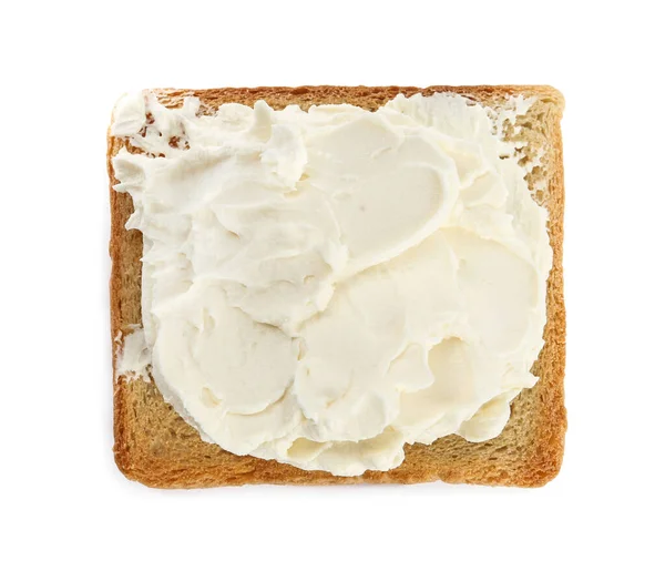 白で隔離されたクリームチーズとトーストしたパン トップビュー — ストック写真