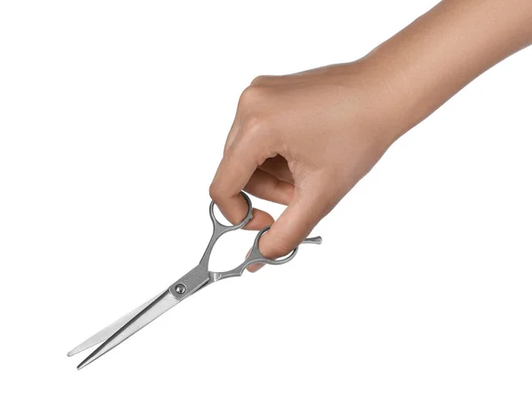 Hairdresser Holding Professional Scissors Isolated White Closeup Haircut Tool — Stock Photo, Image