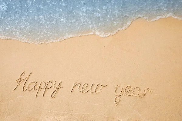 Sandy Beach Text Happy New Year Washed Sea Top View — Stock Photo, Image
