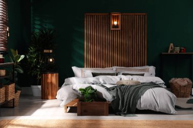 Geniş konforlu yatağı ve saksısı olan şık bir iç mekan.