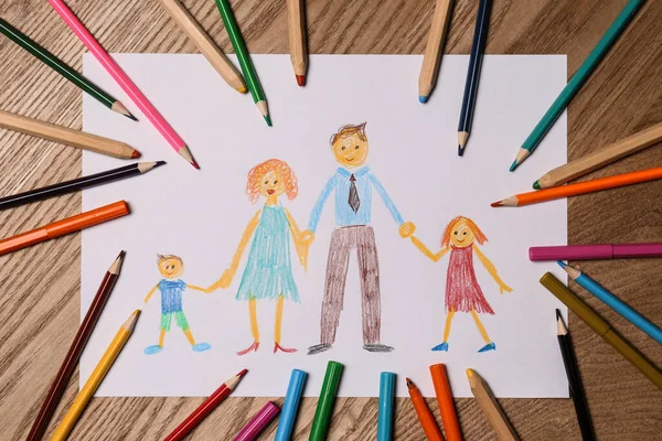 Family Drawing Colorful Pencils Wooden Table Flat Lay — Stock Photo, Image