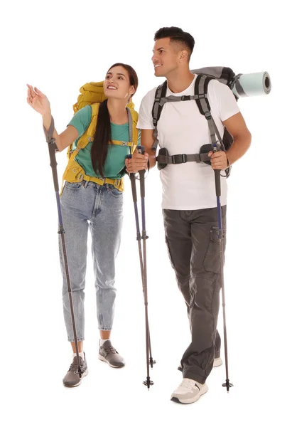 Couple Hikers Backpacks Trekking Poles White Background — Stock Photo, Image