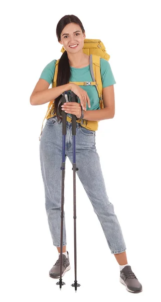 Senderista Femenina Con Mochila Bastones Trekking Sobre Fondo Blanco —  Fotos de Stock