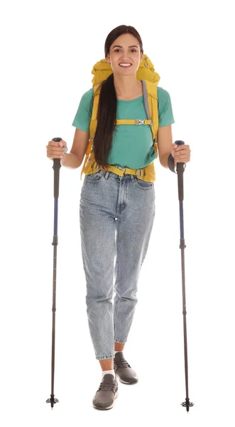 Female Hiker Backpack Trekking Poles White Background — Stock Photo, Image