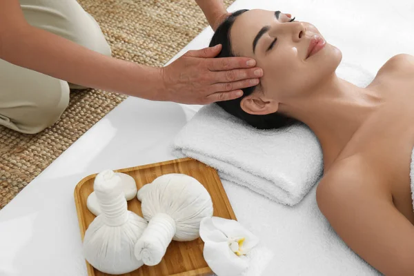 Young Woman Receiving Facial Massage Spa Salon — Stock Photo, Image