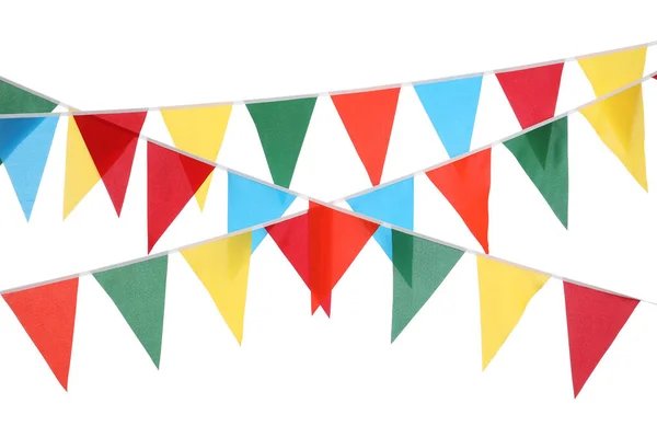 Buntings Com Bandeiras Triangulares Coloridas Fundo Branco Decoração Festiva — Fotografia de Stock