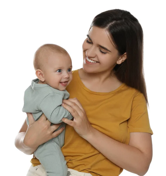 Mooie Moeder Met Haar Schattige Baby Witte Achtergrond — Stockfoto