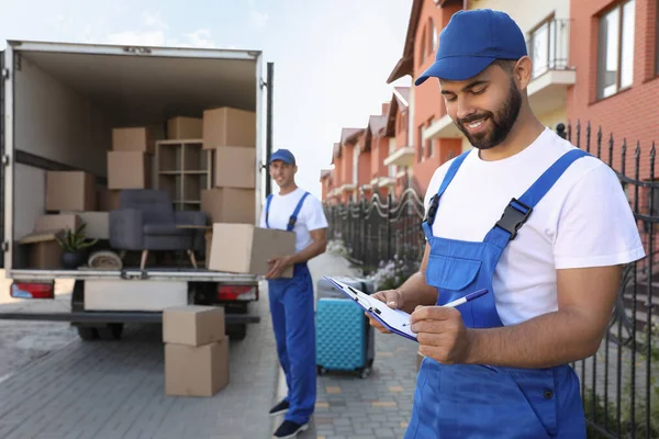 Traslado Trabajadores Servicios Aire Libre Descarga Cajas Lista Verificación — Foto de Stock