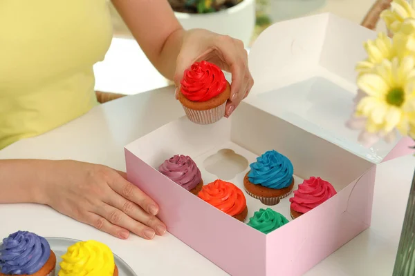 Woman Box Delicious Colorful Cupcakes White Table Indoors Closeup — Stock Photo, Image