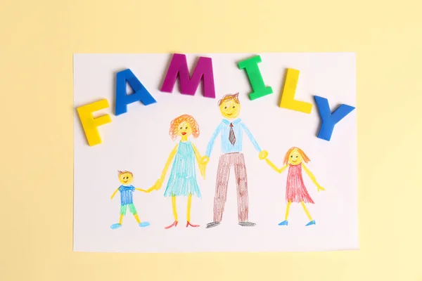 单词家族由五彩斑斓的字母和苍白的黄色背景的图片组成 平坦的布局 — 图库照片