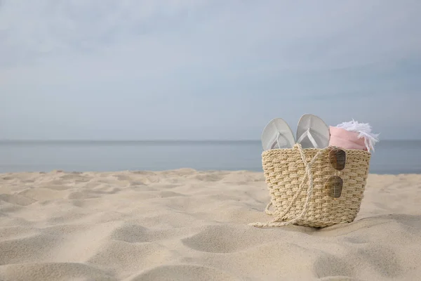 Beach Bag Flip Flops Towel Sunglasses Sandy Seashore Space Text — Stock Photo, Image