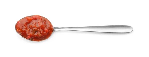 Delicious Adjika Sauce Spoon Isolated White Top View — Stock Photo, Image