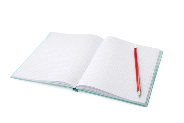 Caderno Aberto Com Folhas Branco Lápis Isolado Branco — Fotografia de Stock