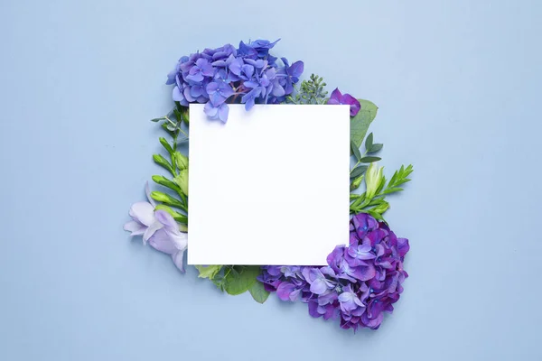 Hermosa Composición Con Flores Hortensia Tarjeta Blanco Sobre Fondo Azul —  Fotos de Stock