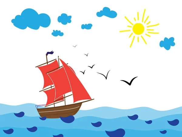 Dibujo Hermoso Barco Mar Día Soleado Arte Infantil — Foto de Stock