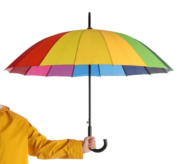 Женщина Открытым Ярким Зонтиком Белом Фоне Крупным Планом — стоковое фото
