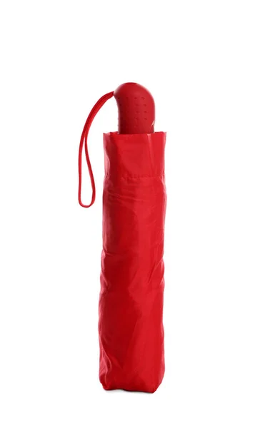 Stylový Uzavřený Červený Deštník Izolovaný Bílém — Stock fotografie