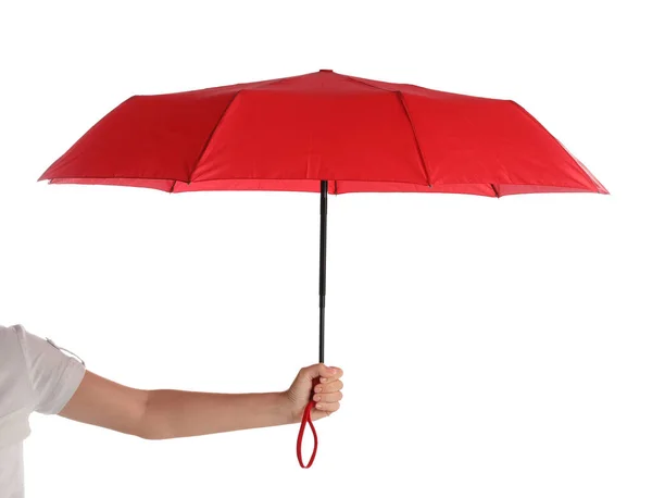 Mujer Con Paraguas Rojo Abierto Sobre Fondo Blanco Primer Plano — Foto de Stock