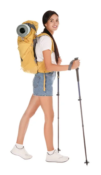 Vrouwelijke Wandelaar Met Rugzak Wandelstokken Witte Achtergrond — Stockfoto