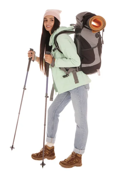 Randonneuse Avec Sac Dos Bâtons Trekking Sur Fond Blanc — Photo