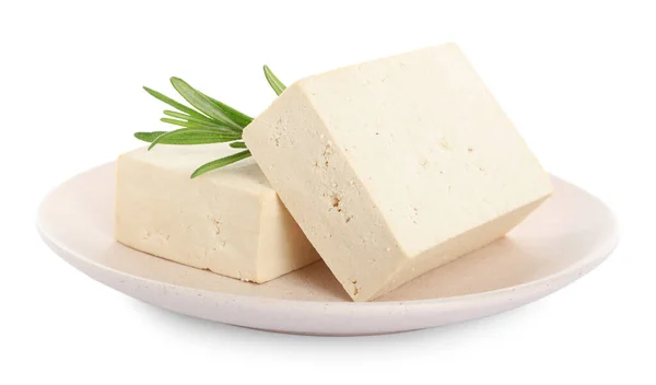 Prato Com Delicioso Tofu Cru Alecrim Isolado Branco — Fotografia de Stock