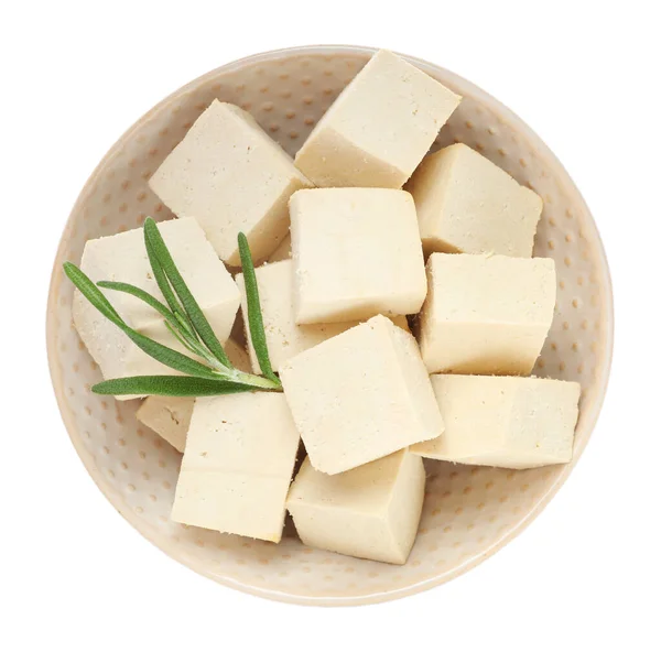 Skål Med Läckra Tofu Bitar Och Rosmarin Vit Bakgrund Ovanifrån — Stockfoto