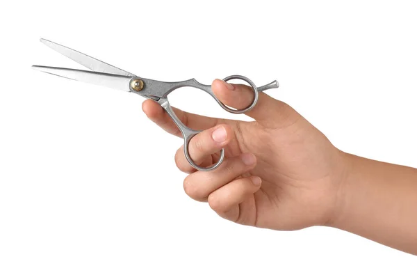 Fryzjer Trzyma Profesjonalne Nożyczki Izolowane Białym Zbliżenie Narzędzie Redukcji Wartości — Zdjęcie stockowe