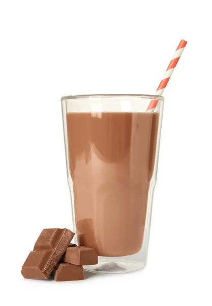 Glas Lekkere Chocolademelk Witte Achtergrond — Stockfoto