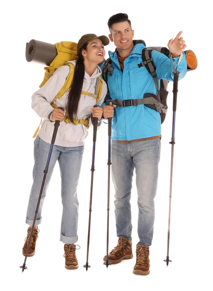 Couple Randonneurs Avec Sacs Dos Bâtons Trekking Sur Fond Blanc — Photo
