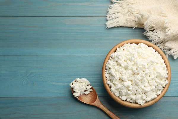 Delicious Fresh Cottage Cheese Blue Wooden Table Flat Lay Space — Stock Photo, Image