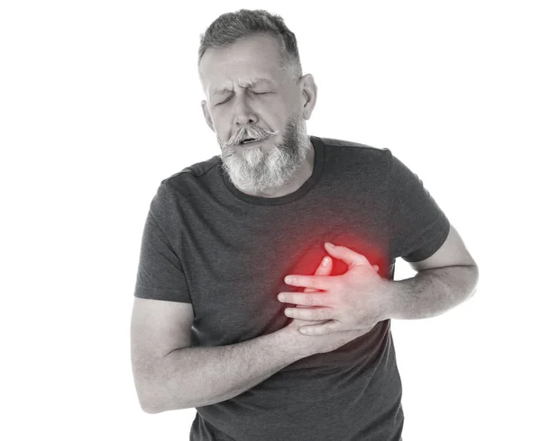 Hombre Maduro Teniendo Ataque Corazón Sobre Fondo Blanco — Foto de Stock