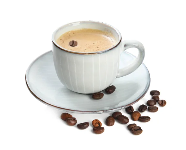 Filiżanka Smacznej Kawy Fasoli Izolowane Białym — Zdjęcie stockowe