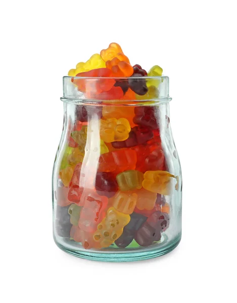 Delicious Gummy Bear Candies Glass Jar White Background — Stock Photo, Image