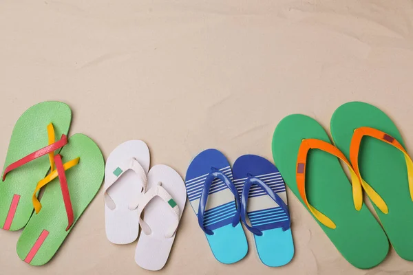 Different Bright Flip Flops Sand Flat Lay Space Text — Stock Photo, Image