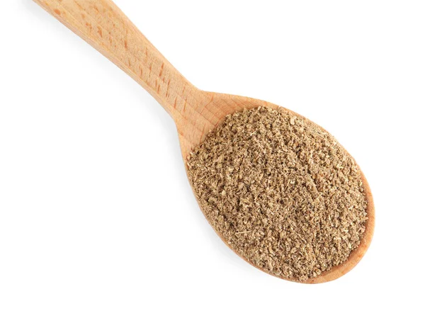 Wooden Spoon Powdered Coriander White Background Top View — Stock Photo, Image
