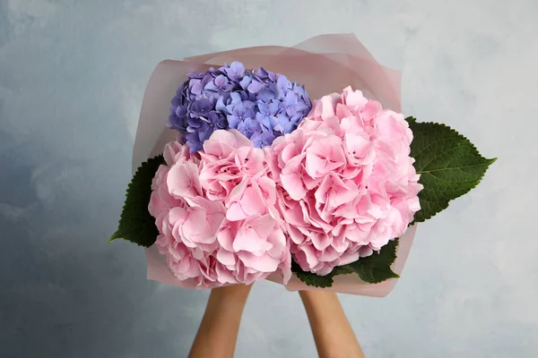 Csokor Gyönyörű Hortensia Virágok Színes Háttér Közelkép — Stock Fotó